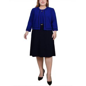 NY Collection Plus Size 3/4 Sleeve Jacket + Dress, 2 Piece Set Blue Size 14W $65
